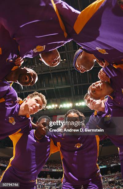 The Los Angeles Lakers huddle as they get ready to take on the San Antonio Spurs in Game one of the Western Conference Semifinals at the SBC Center...