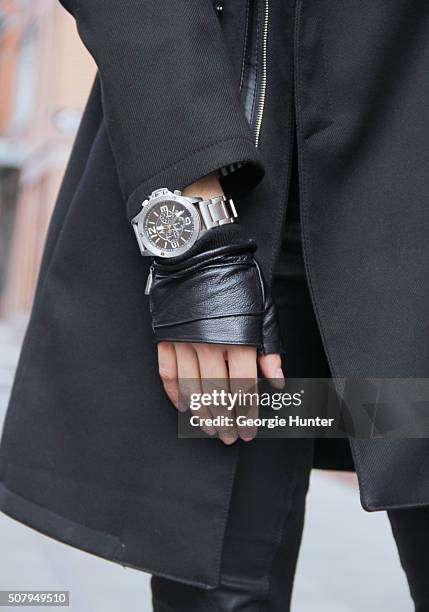 David Granados seen at Industria Superstudios wearing black leather Skingraft pants, black Armani vest and silver watch, Topman black coat and Zara...