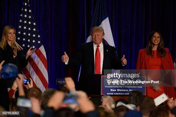 Republican presidential candidate Donald Trump speaks at a caucus night rally at the Sheraton Hotel in West Des Moines, Iowa on Monday, Feb. 1, 2016.