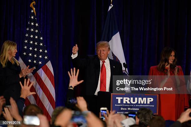 Republican presidential candidate Donald Trump speaks at a caucus night rally at the Sheraton Hotel in West Des Moines, Iowa on Monday, Feb. 1, 2016.