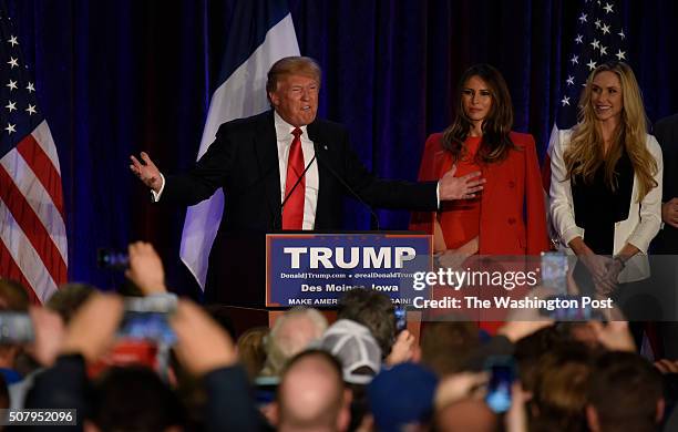 Republican presidential candidate Donald Trump speaks at a caucus night rally at the Sheraton Hotel in West Des Moines, Iowa on Monday, Feb. 1, 2016.