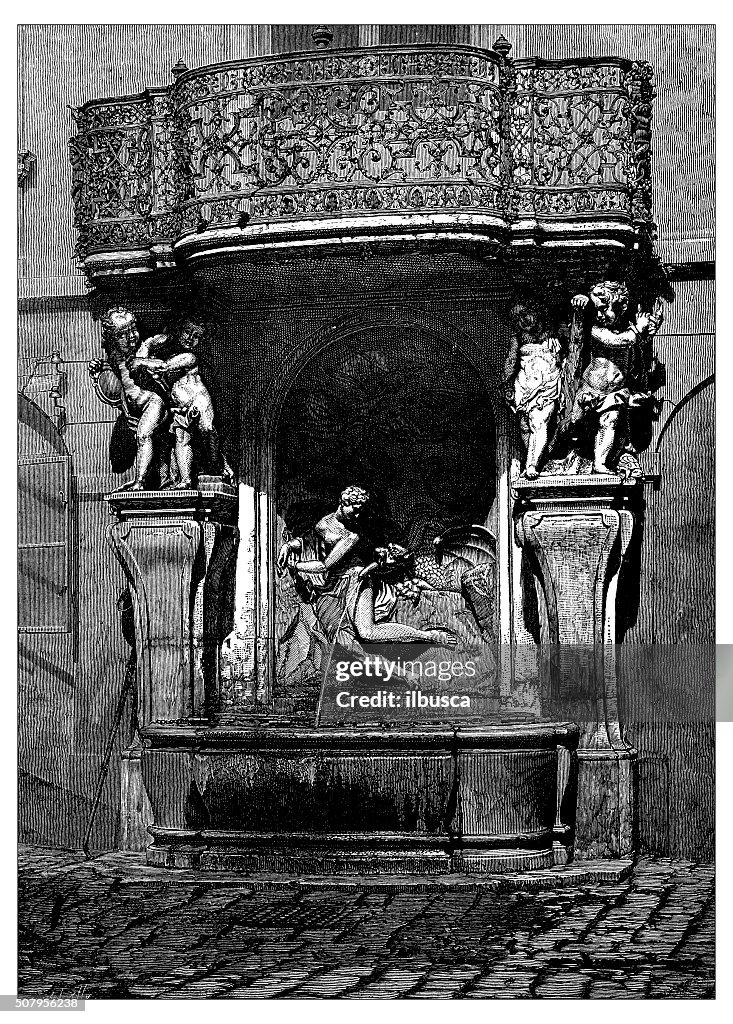 Antique illustration of fountain with sculpture of Perseus freeing Andromeda