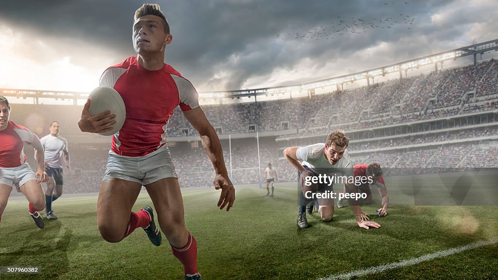 Rugby Hero Sprinting With Ball During Rugby Game In Stadium