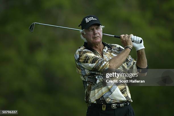 John Jacobs hits a shot during the final round of the Liberty Mutual Legends of Golf at the Club at Savannah Harbor on April 25, 2004 in Savannah,...