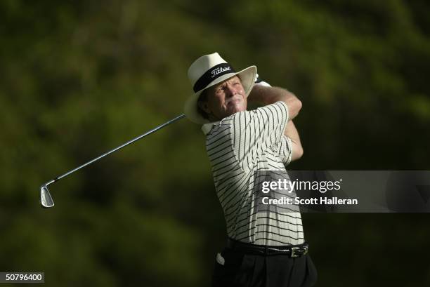 Tom Kite hits a shot during the final round of the Liberty Mutual Legends of Golf at the Club at Savannah Harbor on April 25, 2004 in Savannah,...