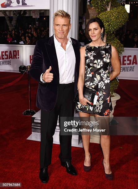 Actor Dolph Lundgren and actress Jenny Sandersson arrive at the Premiere Of Universal Pictures' 'Hail, Caesar!' at Regency Village Theatre on...