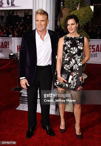 Actor Dolph Lundgren and actress Jenny Sandersson arrive at the Premiere Of Universal Pictures' 'Hail, Caesar!' at Regency Village Theatre on...