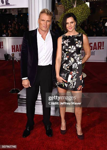 Actor Dolph Lundgren and actress Jenny Sandersson arrive at the Premiere Of Universal Pictures' 'Hail, Caesar!' at Regency Village Theatre on...