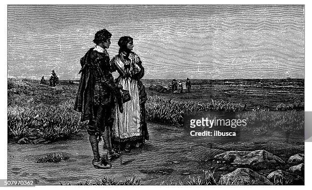 stockillustraties, clipart, cartoons en iconen met antique illustration of return of the mayflower to england - meidoorn