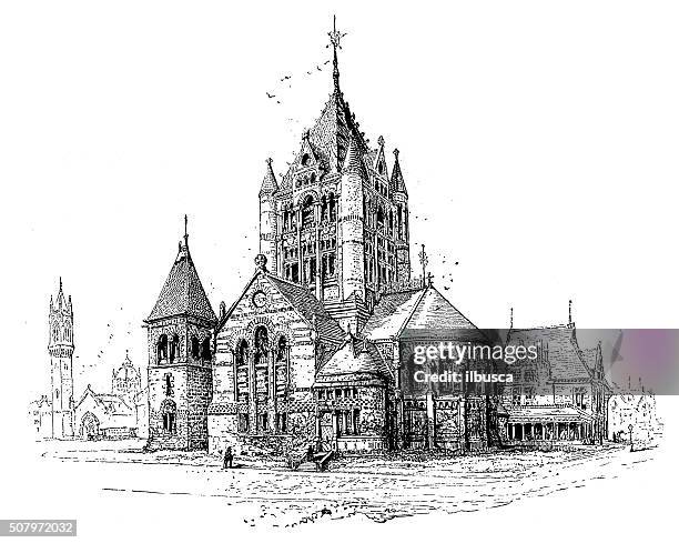 antique illustration of new old south and trinity churches, boston - south boston massachusetts stock illustrations