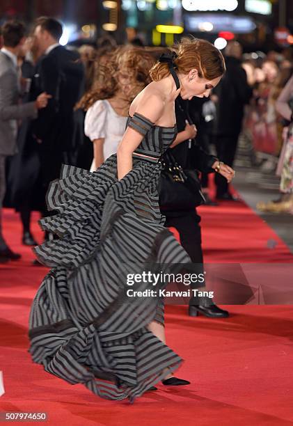 Lily James attends the European premiere of "Pride And Prejudice And Zombies" at the Vue West End on February 1, 2016 in London, England.