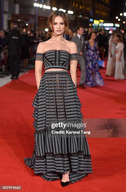 Lily James attends the European premiere of "Pride And Prejudice And Zombies" at the Vue West End on February 1, 2016 in London, England.