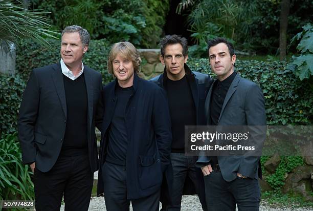From left to right: Actors Will Ferrell, Owen Wilson, Ben Stiller, and Justin Theroux during the press presentation for Zoolander 2.