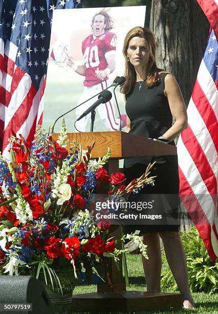 Maria Shriver speaks at a memorial service held by the family of Cpl. Pat Tillman for Tillman, who was killed in action in Afghanistan April 22 at...