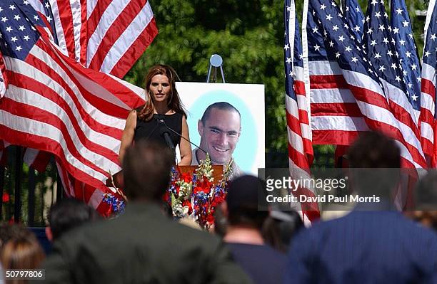 Maria Shriver speaks at a memorial service held by the family of Cpl. Pat Tillman for Tillman, who was killed in action in Afghanistan April 22 at...