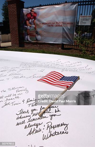 Memorial banner is shown outside a service held by the family of Cpl. Pat Tillman for Tillman, who was killed in action in Afghanistan April 22 at...