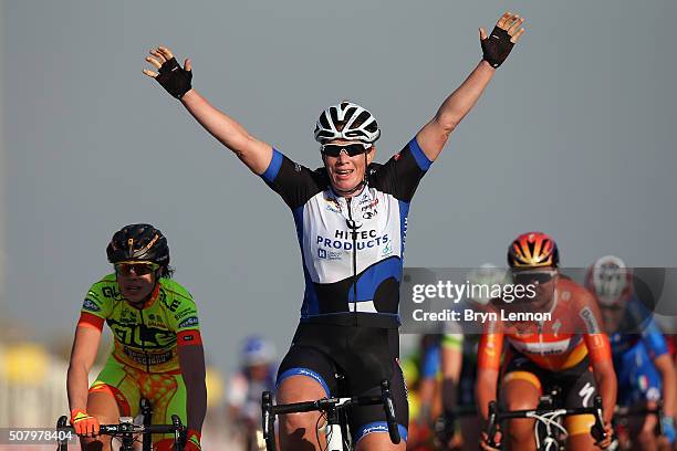 Kirsten Wild of The Netherlands and Hitec Products celebrates winning stage one of the 2016 Ladies Tour of Qatar from Qatar University to Qatar...