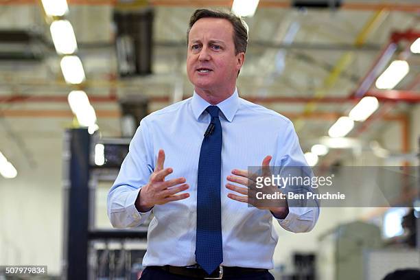 British Prime Minister David Cameron speaks to factory staff at the Siemens Chippenham plant on February 2, 2016 in Chippenham, England. The Prime...
