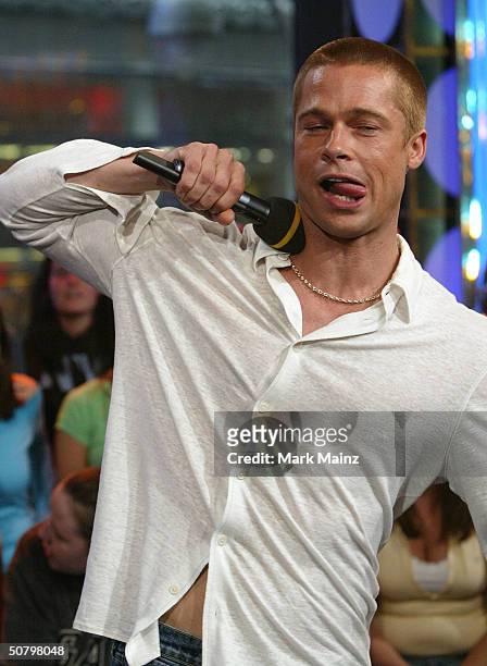 Actor Brad Pitt attends MTV's TRL for the first time at the MTV Time Square Studio May 3, 2004 in New York City.