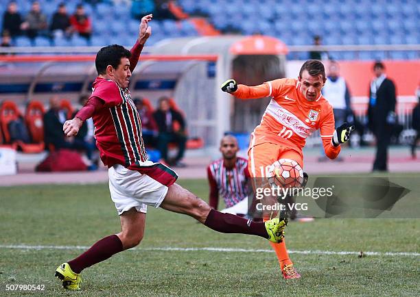 Walter Montillo of Shandong Luneng scores his team's first goal during the 2016 AFC Champions League qualifying match between Shandong Luneng and...