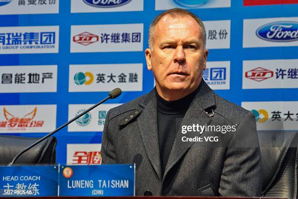 Mano Menezes, head coach of Shandong Luneng, attends a press conference after the 2016 AFC Champions League qualifying match between Shandong Luneng...