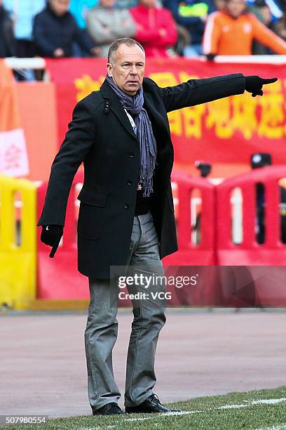 Mano Menezes, head coach of Shandong Luneng, looks on during the 2016 AFC Champions League qualifying match between Shandong Luneng and Mohun Bagan...