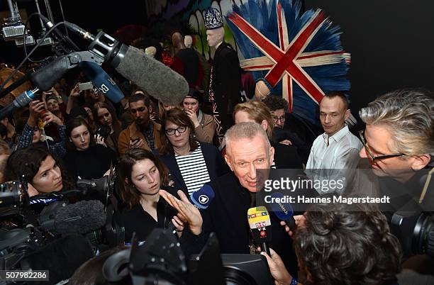 Jean Paul Gaultier talks to the journalists during Jean Paul Gaultier Hands Over Check To Munich Aids Foundation at Kunsthalle der...