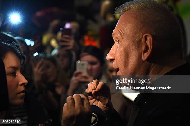 Jean Paul Gaultier attends a photocall as he hands over a check to Munich Aids Foundation at Kunsthalle der Hypo-Kulturstiftung on February 2, 2016...