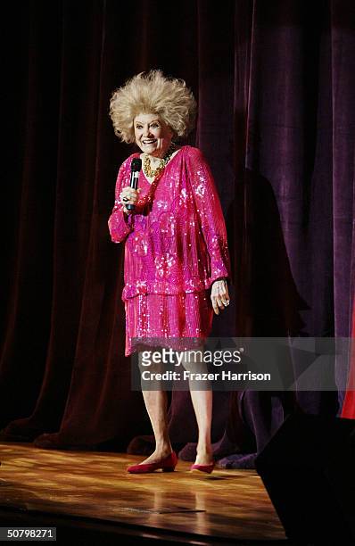 Actress Phyllis Diller performs on stage at the "weSparkle Night - Take III" benefit at the Gindi Theatre on May 3, 2004 in Bel Air, California....