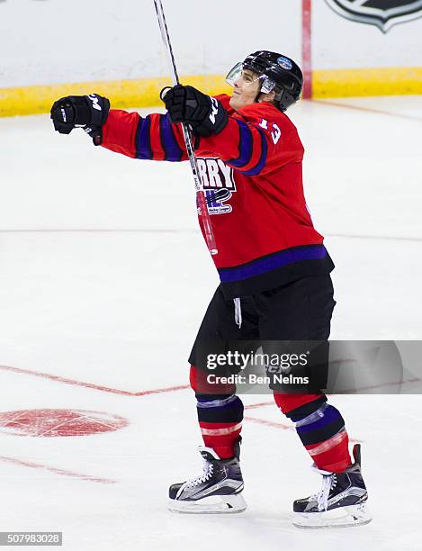 Ty Ronning of Team Cherry celebrates his goal against Team Orr during their CHL/NHL Top Prospects game at the Pacific Coliseum on January 28, 2016 in...