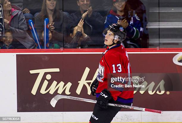 Ty Ronning of Team Cherry celebrates his goal against Team Orr during their CHL/NHL Top Prospects game at the Pacific Coliseum on January 28, 2016 in...