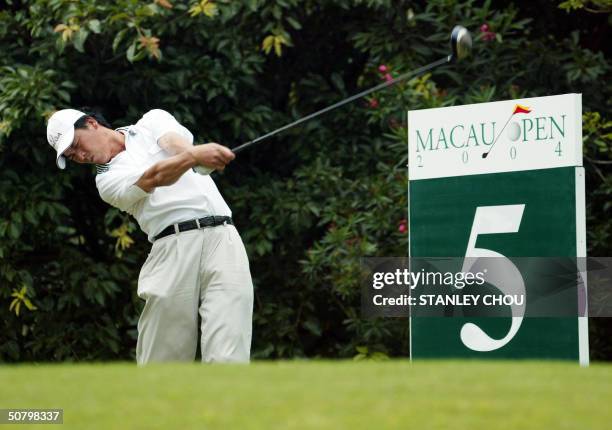 Zhang Lian-Wei of China Republic tees off at the 5th hole during official practice at the Macau Open at the Macau Golf and Country Club on 04 May...