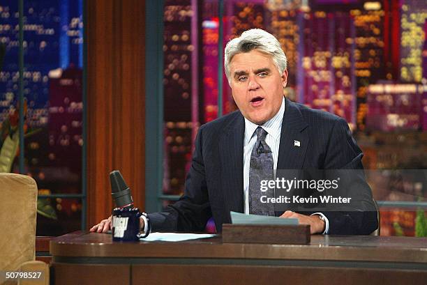 Comedian Jay Leno hosts "The Tonight Show with Jay Leno" at the NBC Studios on May 3, 2004 in Burbank, California.