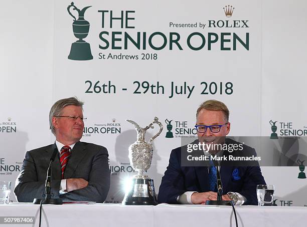 Martin Slumbers Chief Executive of the R&A with European Tour CEO Keith Pelley and the Senior Open Championship Trophy during an announcement of the...