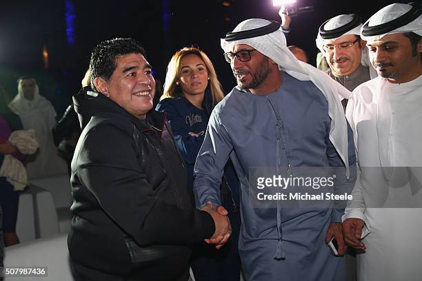 Football legend Diego Maradona meets locals during the team presentations ahead of the Tour of Dubai at the Westin Hotel on February 2, 2016 in...