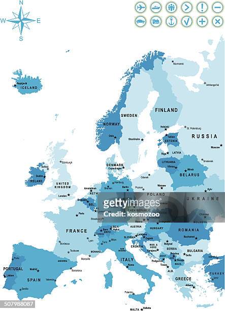 detailed map of europe - capital cities stock illustrations