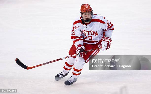 Jakob Forsbacka Karlsson of the Boston University Terriers skates against the Northeastern Huskies during NCAA hockey in the semifinals of the annual...