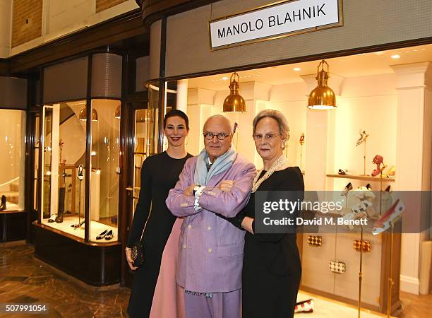 Kristina Blahnik, Manolo Blahnik and Evangeline Blahnik attend the Manolo Blahnik Burlington Arcade store launch on February 2, 2016 in London,...