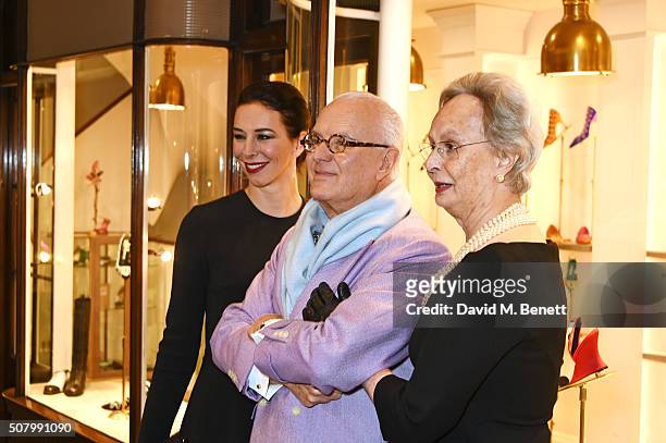 Kristina Blahnik, Manolo Blahnik and Evangeline Blahnik attend the Manolo Blahnik Burlington Arcade store launch on February 2, 2016 in London,...