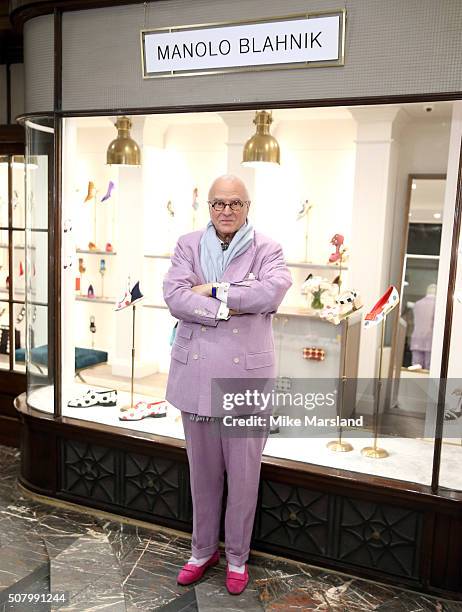 Manolo Blahnik attends the Manolo Blahnik store launch at Burlington Arcade on February 2, 2016 in London, England.