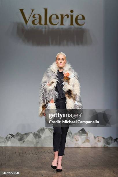 Model walks the runway at the Valerie show during Stockholm Fashion Week at Berns Hotel on February 2, 2016 in Stockholm, Sweden.