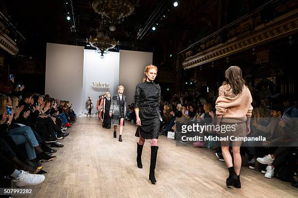 Models walks the runway at the Valerie show during Stockholm Fashion Week at Berns Hotel on February 2, 2016 in Stockholm, Sweden.