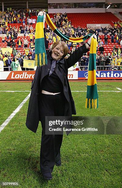 Delia Smith celebrates after her team are crowned champions of Division One during the Nationwide Division One match between Sunderland and Norwich...