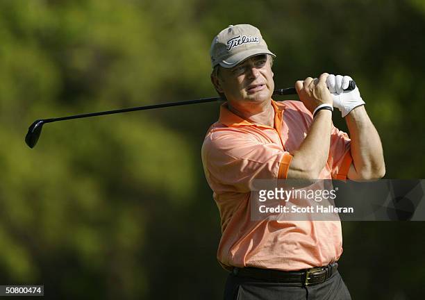 David Eger hits a shot during the third round of the Liberty Mutual Legends of Golf at the Club at Savannah Harbor on April 24, 2004 in Savannah,...