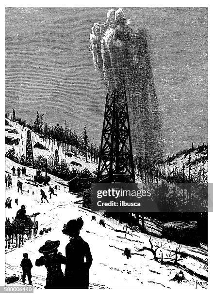 antique illustration of oil well - alaska location stock illustrations