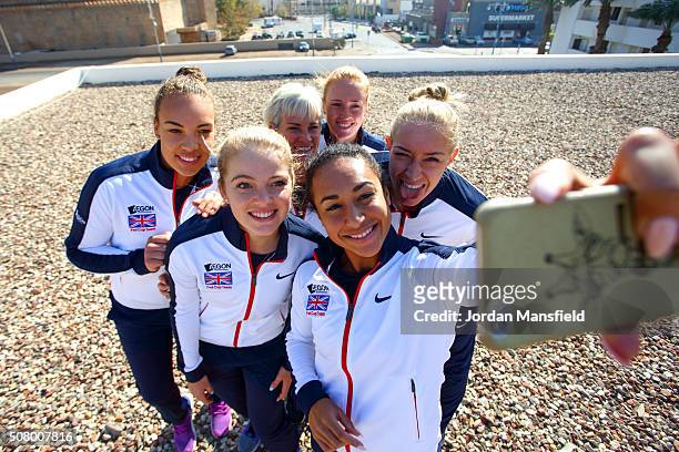 The Great Britain Fed Cup team of Heather Watson, Freya Christie, Katie Swan, Captain Judy Murray, Anna Smith and Jocelyn Rae pose for a selfie ahead...