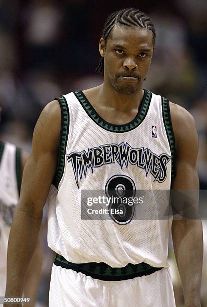 Latrell Sprewell of the Minnesota Timberwolves walks off the court after a loss to the Sacramento Kings in Game one of the NBA Western Conference...