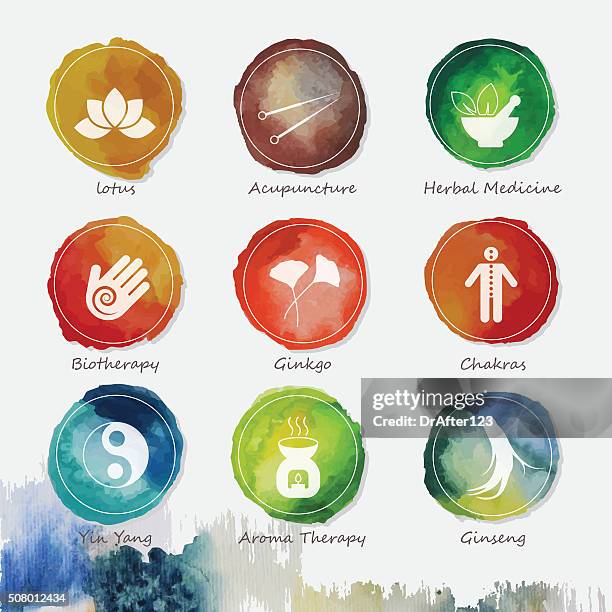 alternative medicine watercolor icons set - yin yang symbol stock illustrations