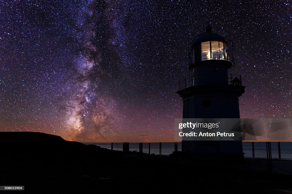 Lighthouse at night under sky with the Milky Way.