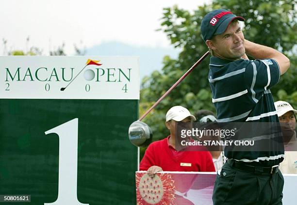 Padraig Harrington of Ireland tees off at the first hole during the Pro-Am Tournament section of the Macau Open at the Macau Golf and Country Club,...